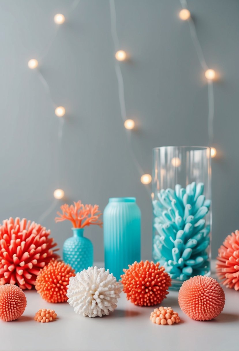 Coral and aqua wedding decor against a modern gray backdrop