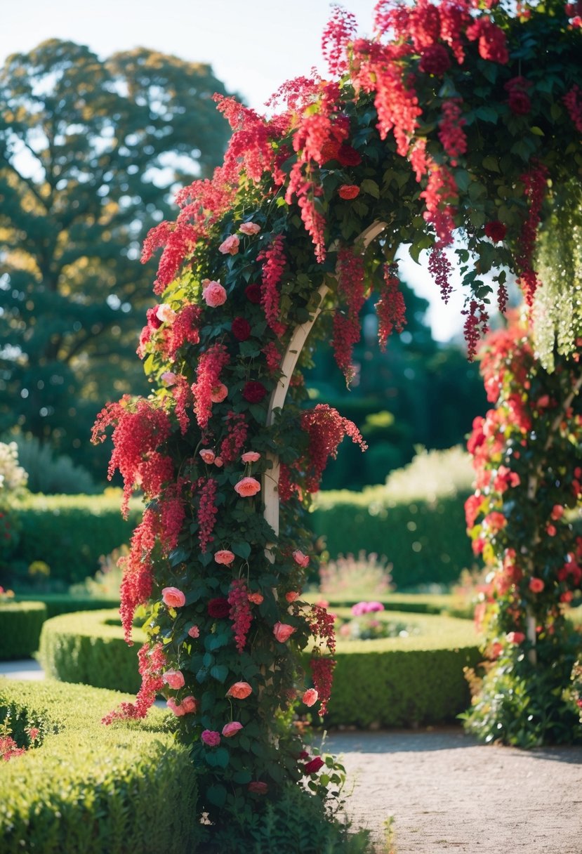 A lush garden with cascading floral arches in rich cabernet red hues