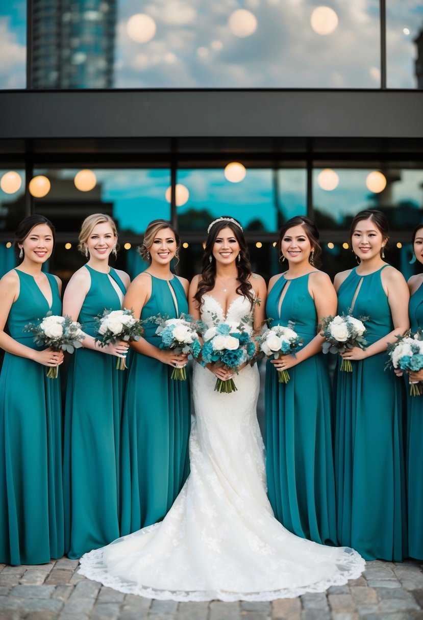 Dusty teal bridesmaid dresses arranged with teal blue and black wedding decor