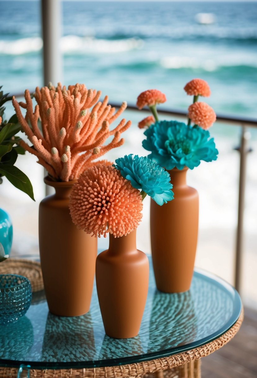 Coral and aqua flowers in tan vases on a table by the ocean