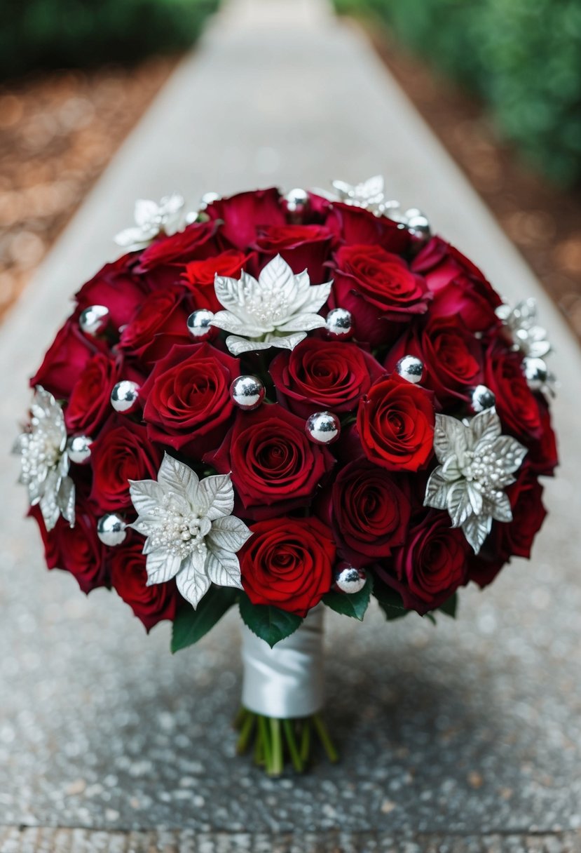 A rich cabernet red wedding bouquet with silver accents