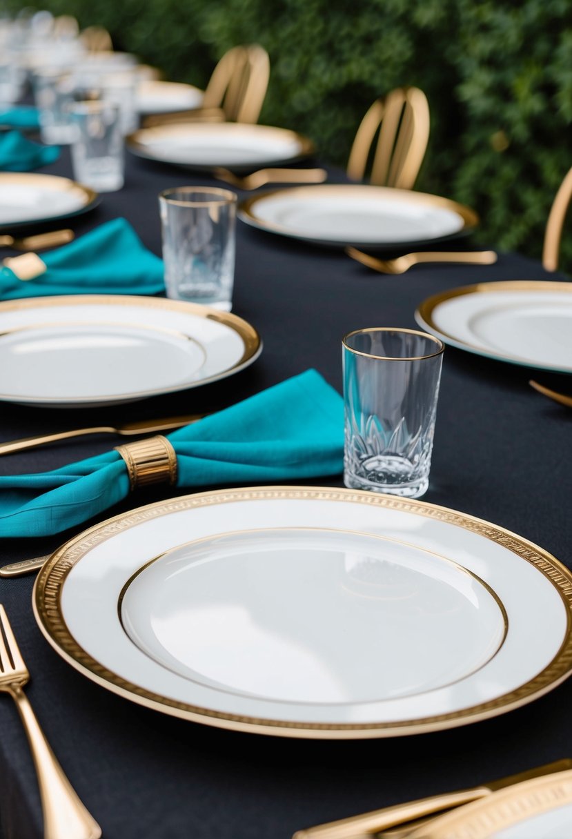 Gold-rimmed plates and teal blue napkins on a black tablecloth