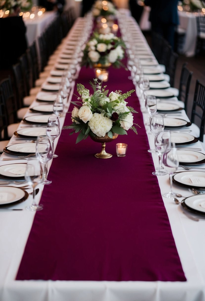 A long, elegant cabernet table runner drapes across a table, adding a rich pop of color to a wedding reception