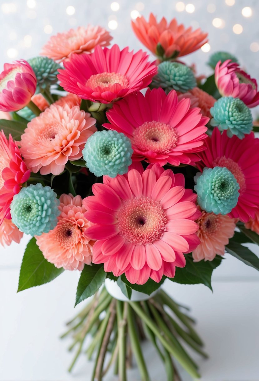 A vibrant bouquet of pink and coral flowers with hints of aqua, set against a white background