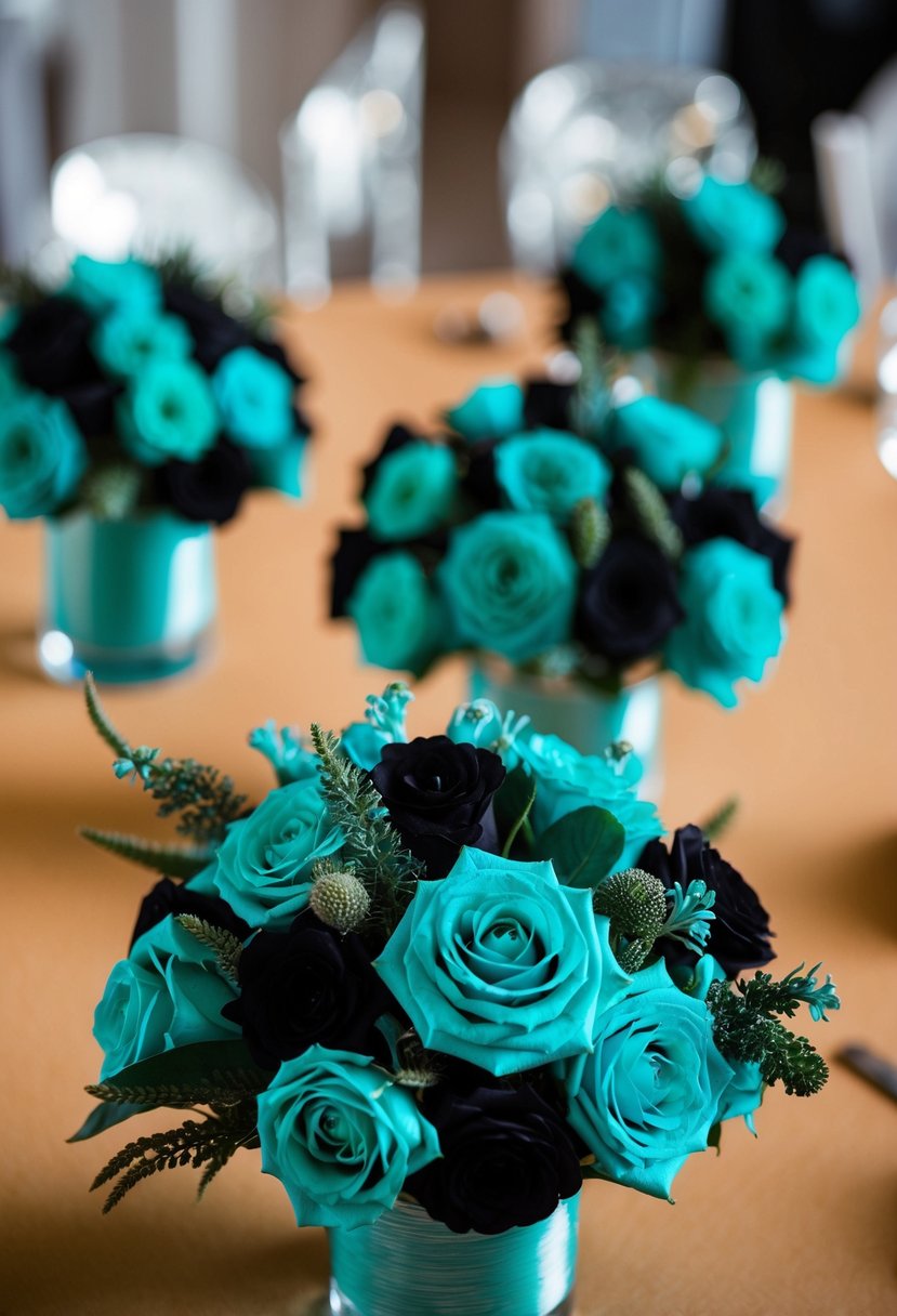 Teal and black floral arrangements in a wedding setting