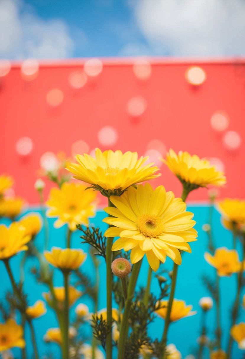 Vibrant yellow florals stand out against a backdrop of coral and aqua, creating a lively and cheerful wedding color scheme