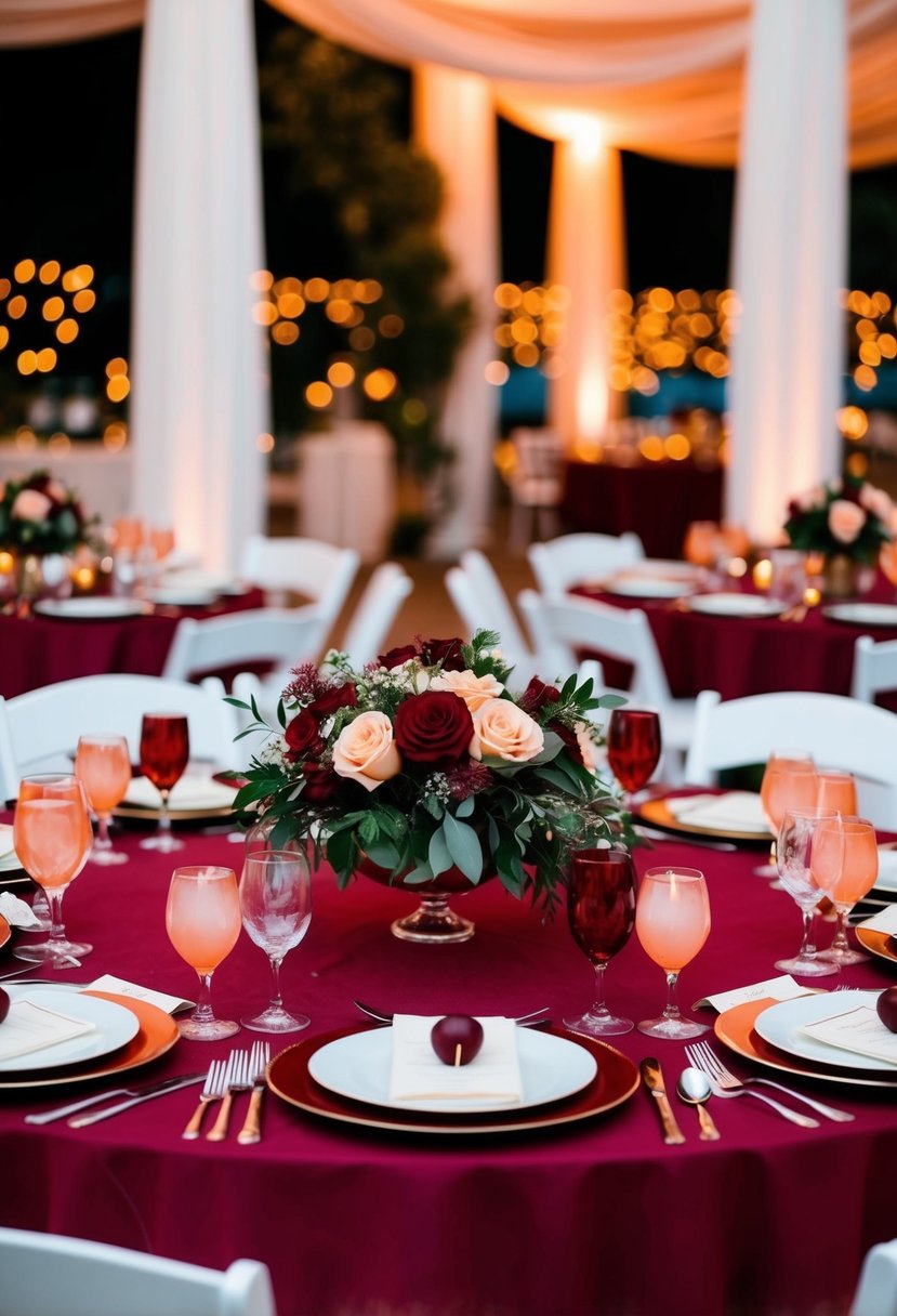 A table set with cabernet red and peach decor for a wedding reception