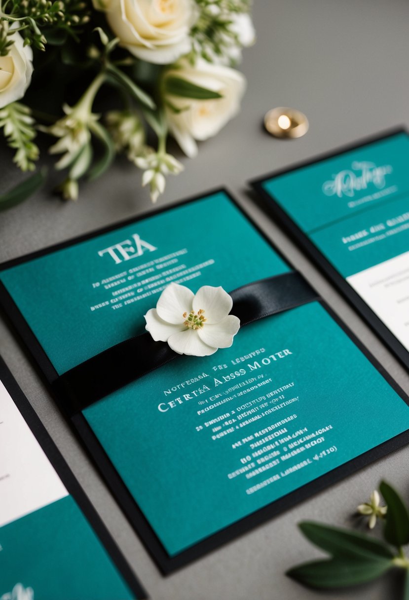 Teal wedding invitations with black trim, teal blue and black color scheme