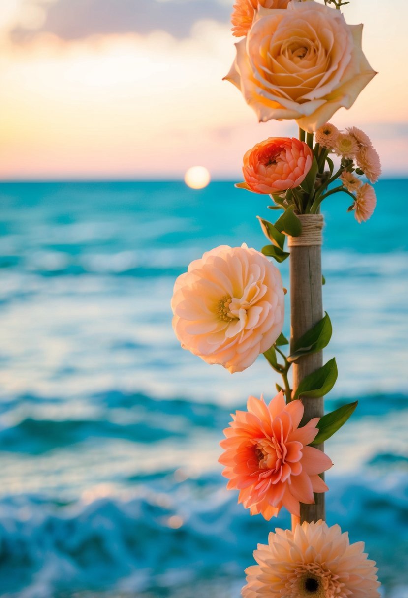 A serene beach wedding at sunset, with peach and coral flowers, and aqua sea and sky