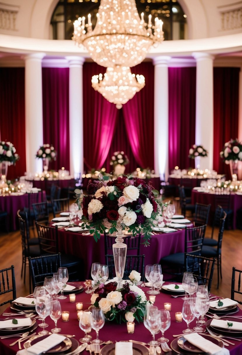 A grand wedding reception hall filled with a rich cabernet red and plum color scheme, with cascading floral arrangements and elegant table settings