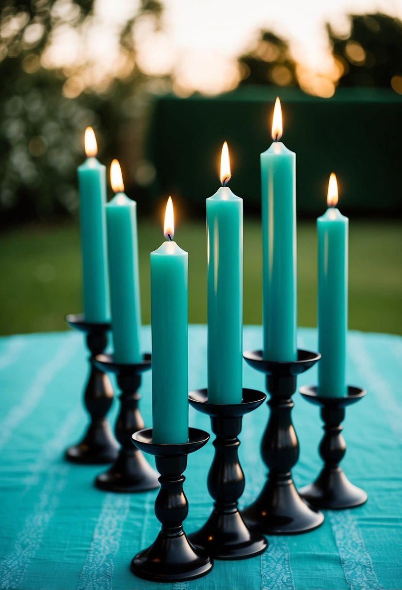 Black candle holders with teal candles arranged on a teal blue tablecloth