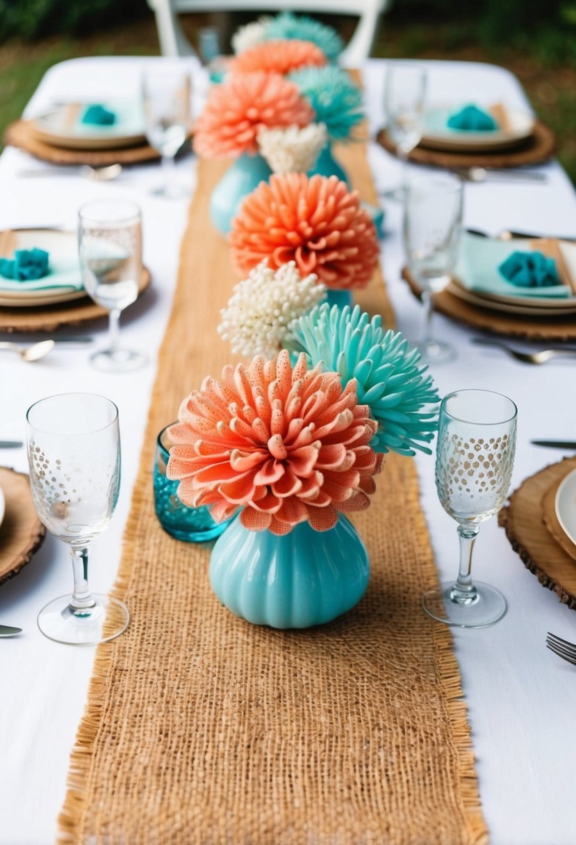 A rustic burlap table runner adorned with coral and aqua floral arrangements