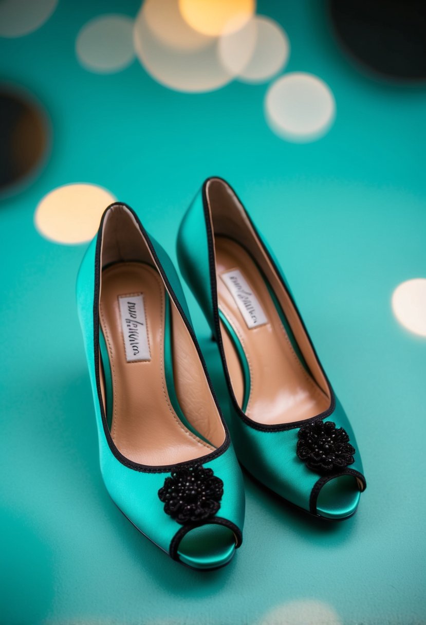 Teal bridesmaid shoes with black detailing on a teal and black background