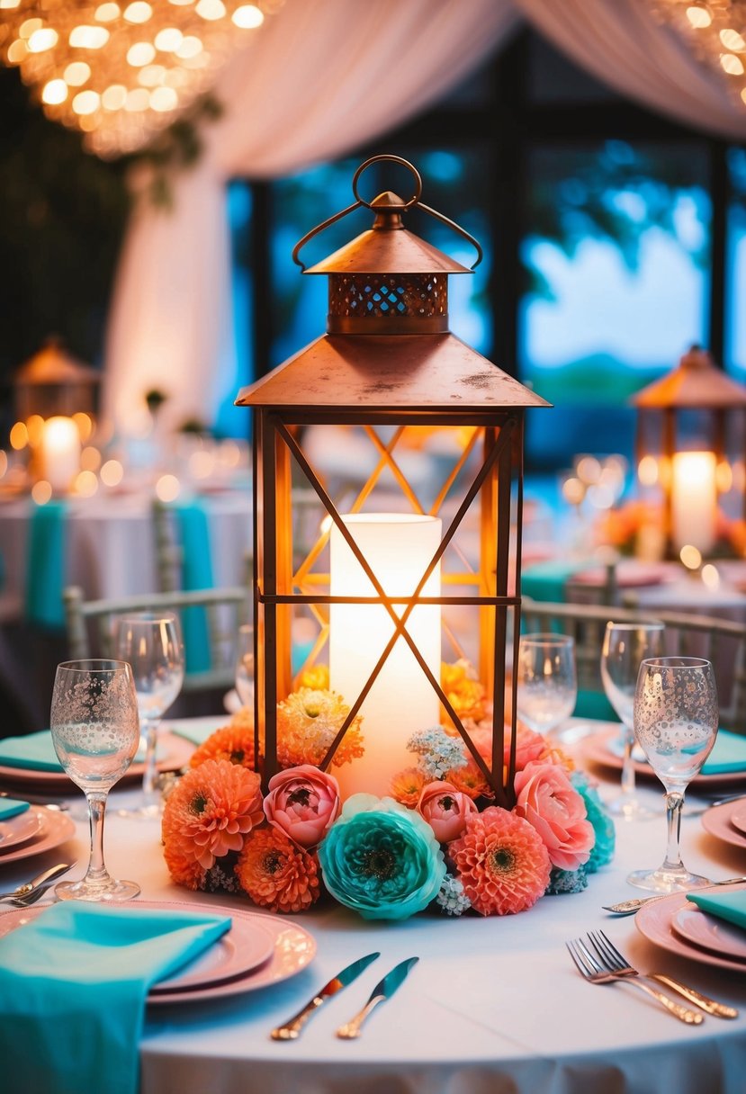 A rustic copper lantern illuminates a coral and aqua wedding table set with elegant flowers and shimmering glassware