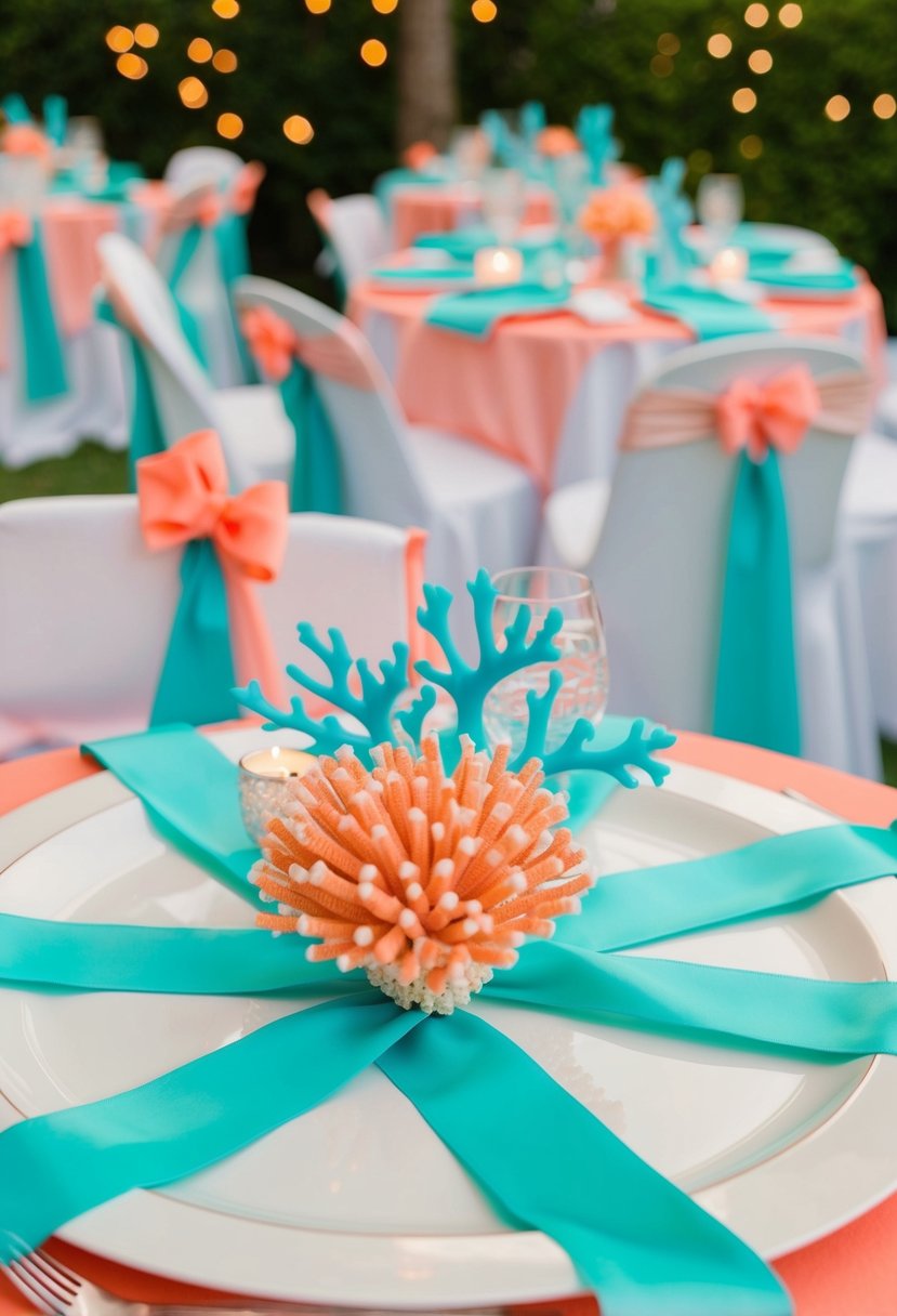 Seafoam green ribbons and table decorations complement a coral and aqua wedding color scheme