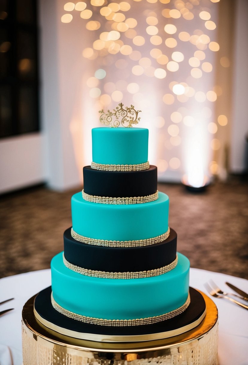 A three-tiered teal and black wedding cake with gold accents