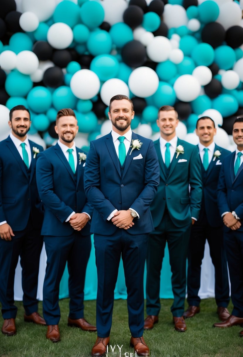 Groomsmen accessories arranged in navy and teal against a backdrop of teal blue and black wedding decor