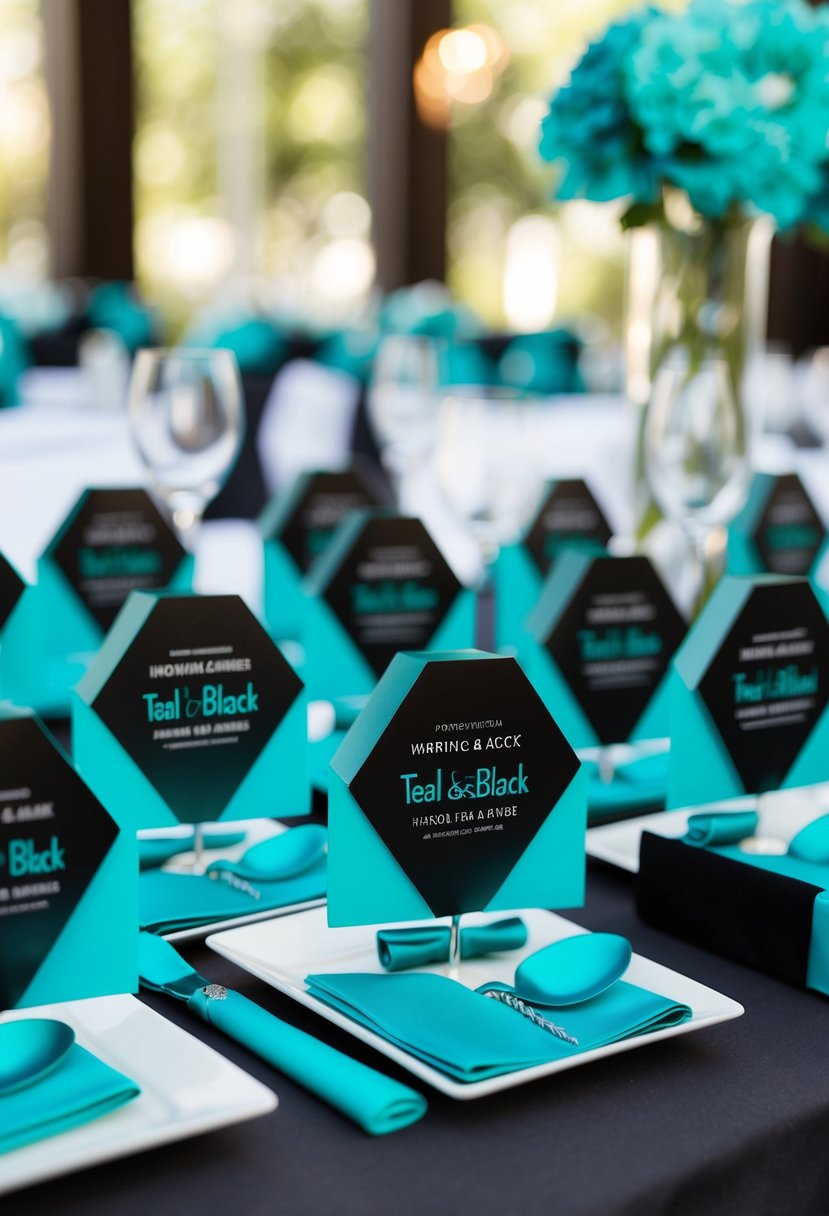 Teal and black wedding favors arranged on a table with teal blue and black color scheme