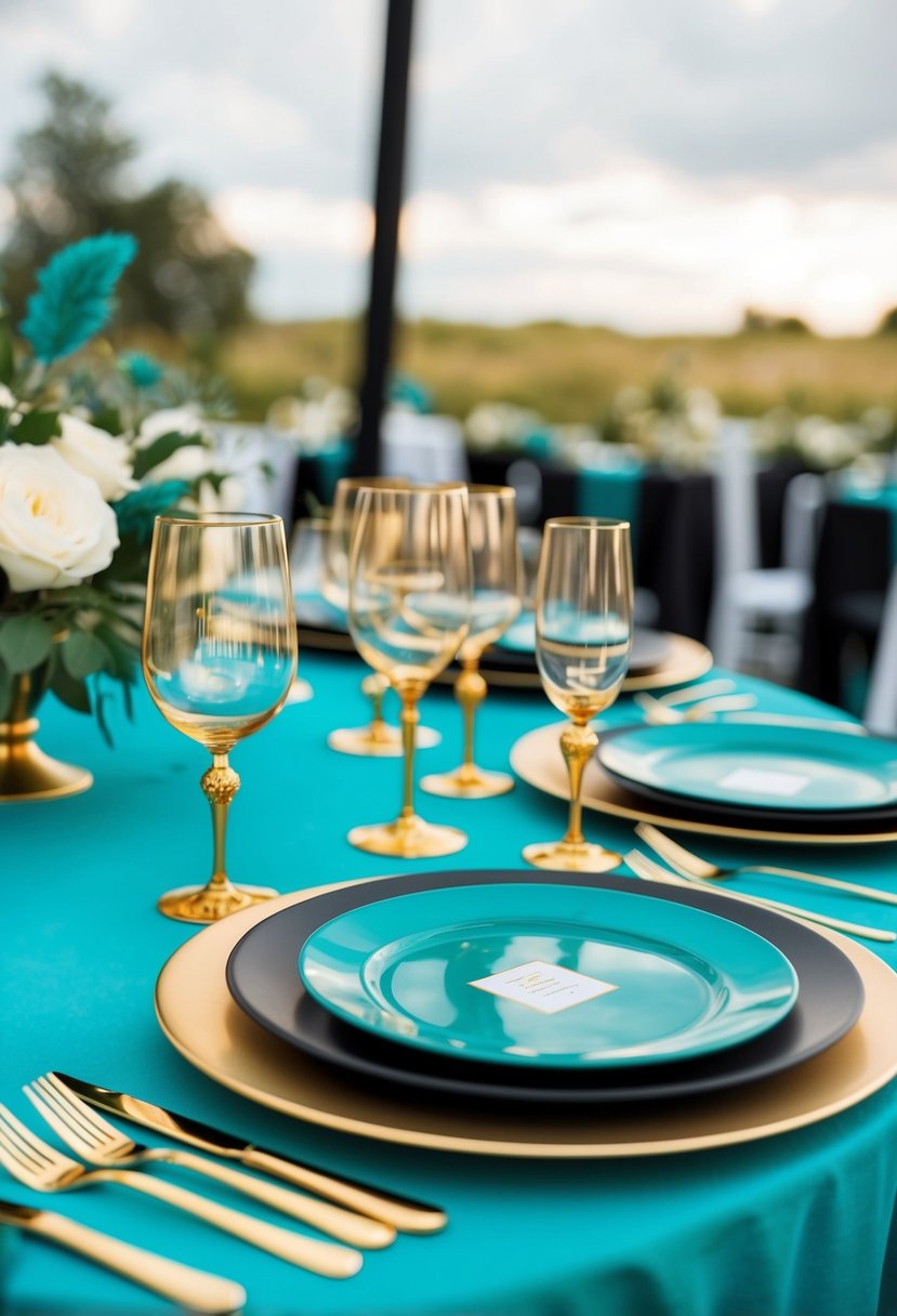 Gold-tinted glassware on a teal table, with teal blue and black wedding color scheme