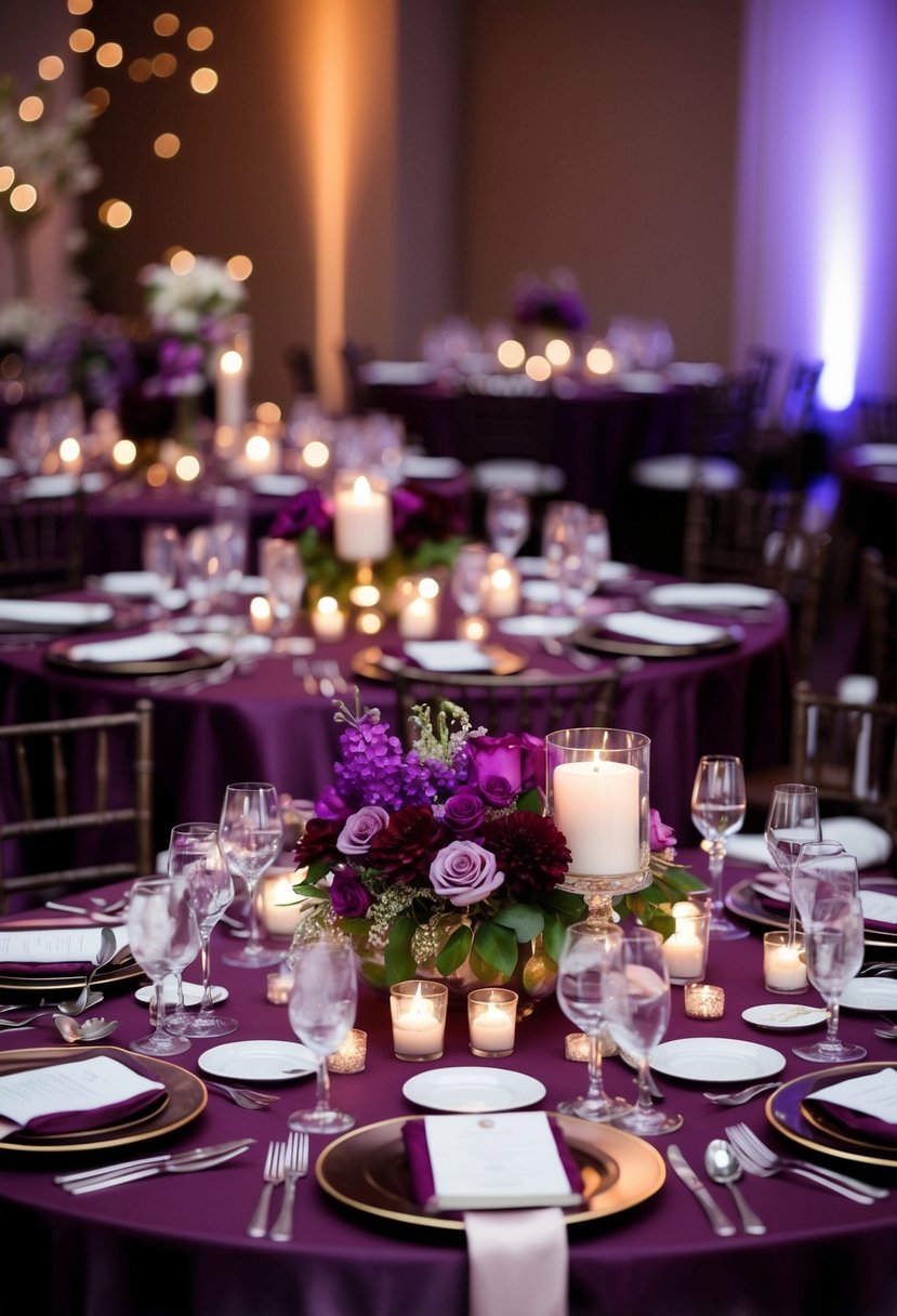 A richly decorated wedding table with purple and burgundy flowers, elegant place settings, and soft candlelight