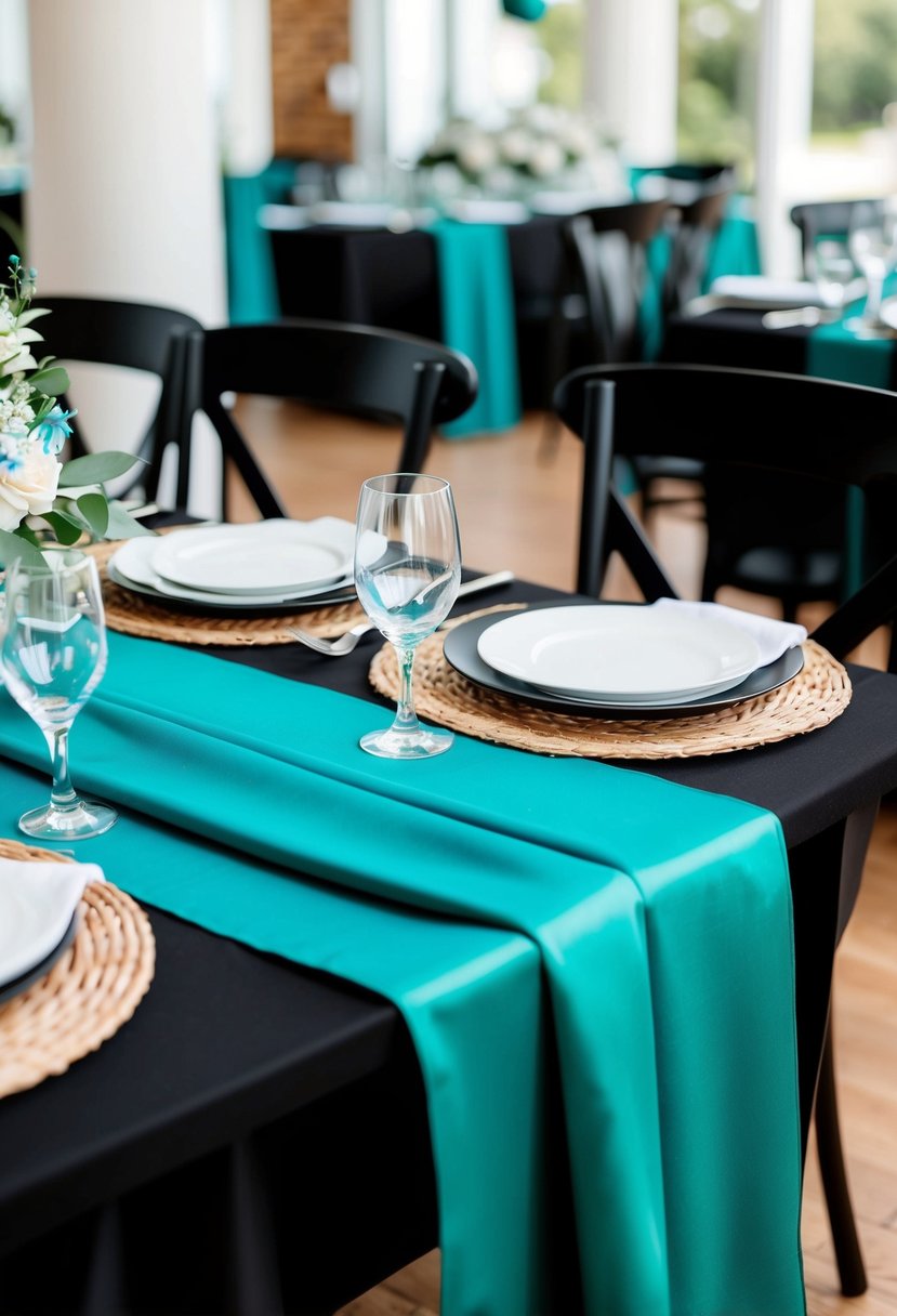 Teal table runners on black chairs in a teal and black wedding color scheme