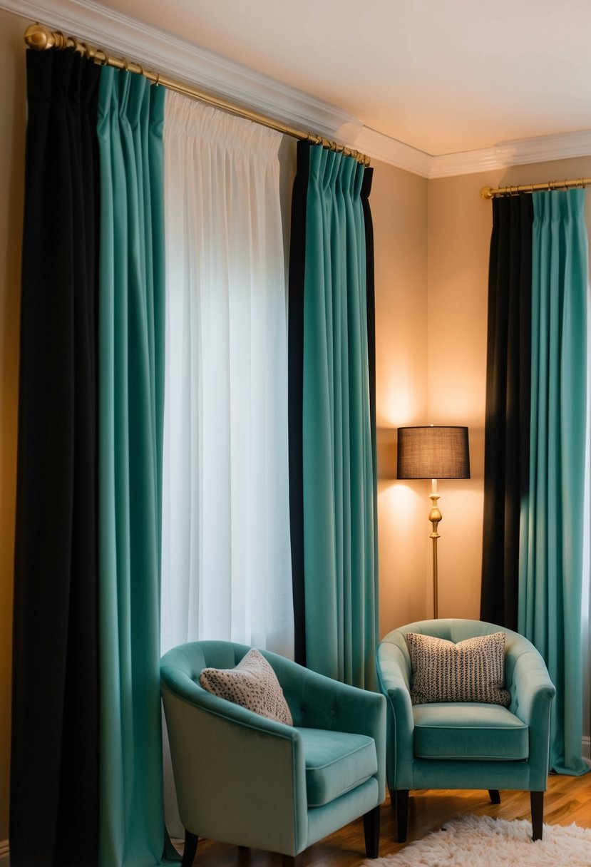 Soft teal and black drapes create a romantic atmosphere, with warm lighting casting a cozy glow