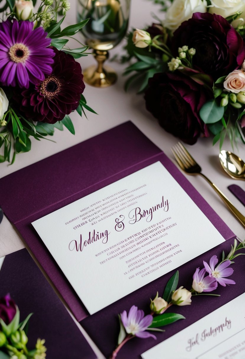 A rich purple and burgundy wedding invitation suite with matching floral arrangements and elegant calligraphy