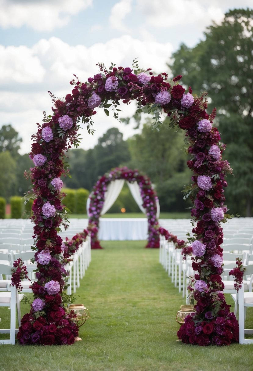 Burgundy and purple floral arches adorn a romantic wedding setting