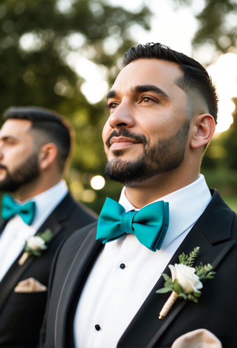 Teal bow ties on black suits at a wedding