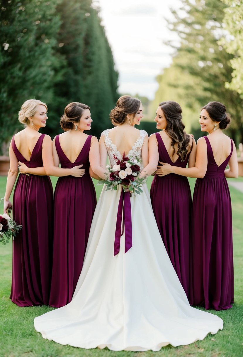 Burgundy and purple bridesmaid dresses in an elegant wedding setting