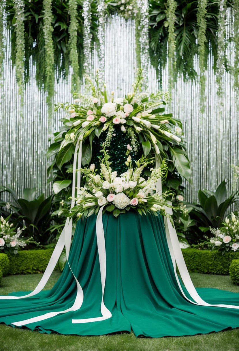 A lush emerald green garden with flowing ribbons and floral arrangements, set against a backdrop of sparkling greenery and shimmering accents