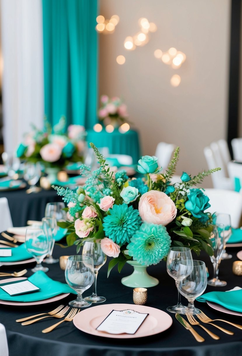 Vibrant teal and blush florals arranged in centerpieces for a black and teal wedding theme