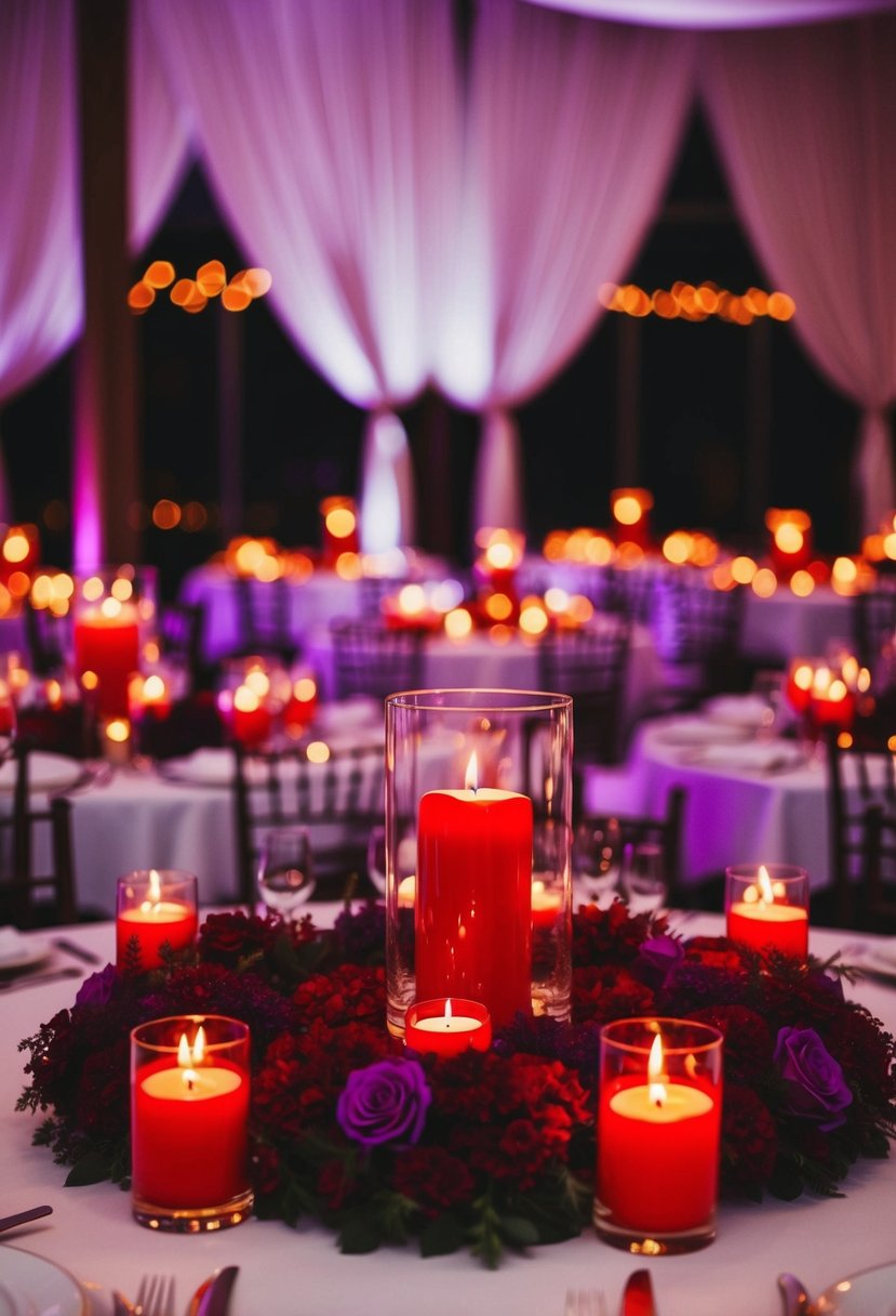 Deep red and purple centerpieces with lit candles illuminate a romantic wedding reception