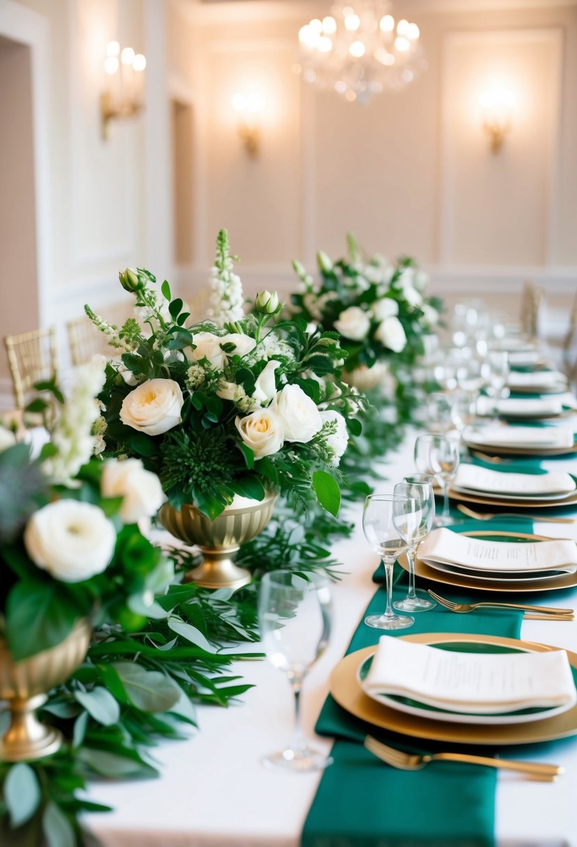 An emerald green and ivory wedding table setting with lush floral centerpieces and elegant place settings