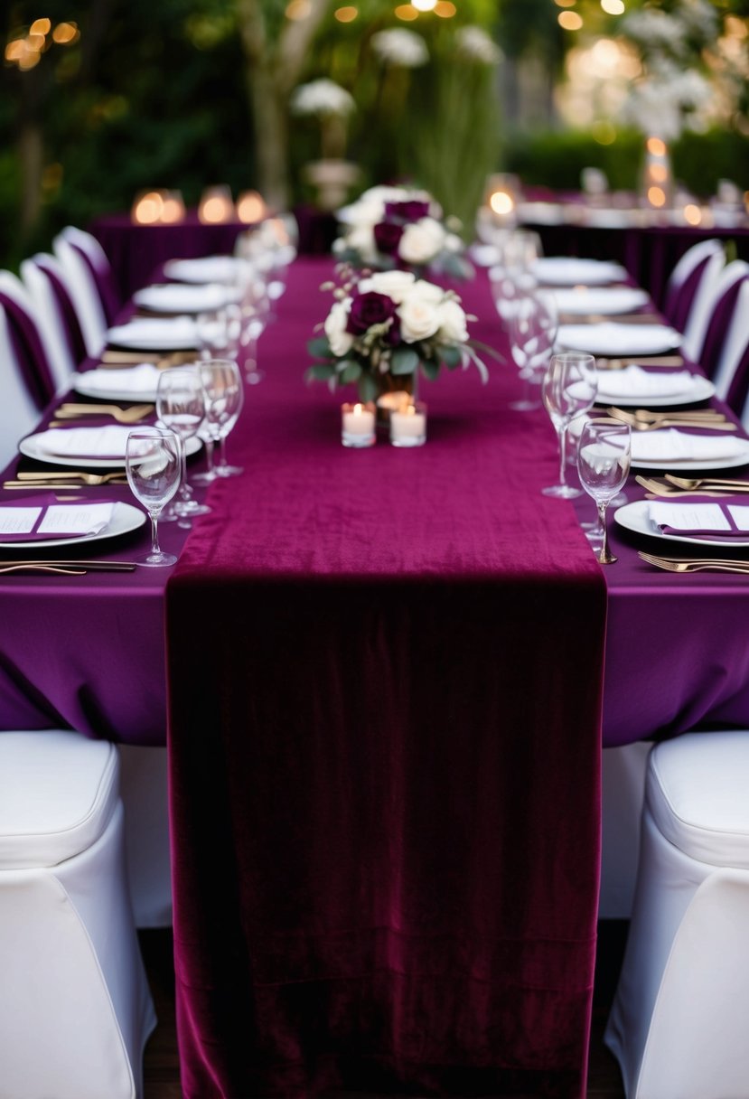 A rich burgundy velvet table runner drapes across a table, complemented by deep purple accents and decor for a luxurious wedding setting