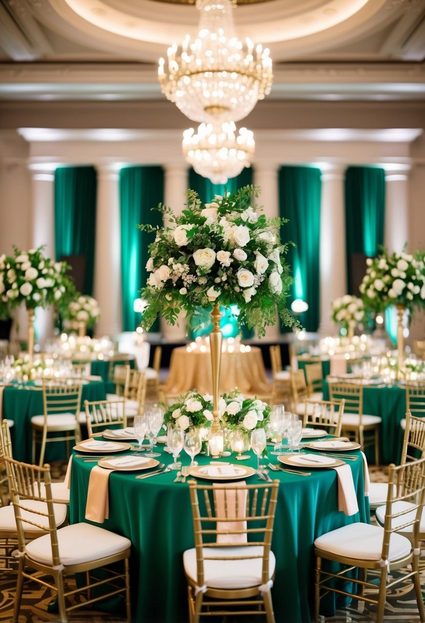 A grand ballroom adorned with emerald green and gold decor, from lush floral arrangements to opulent table settings