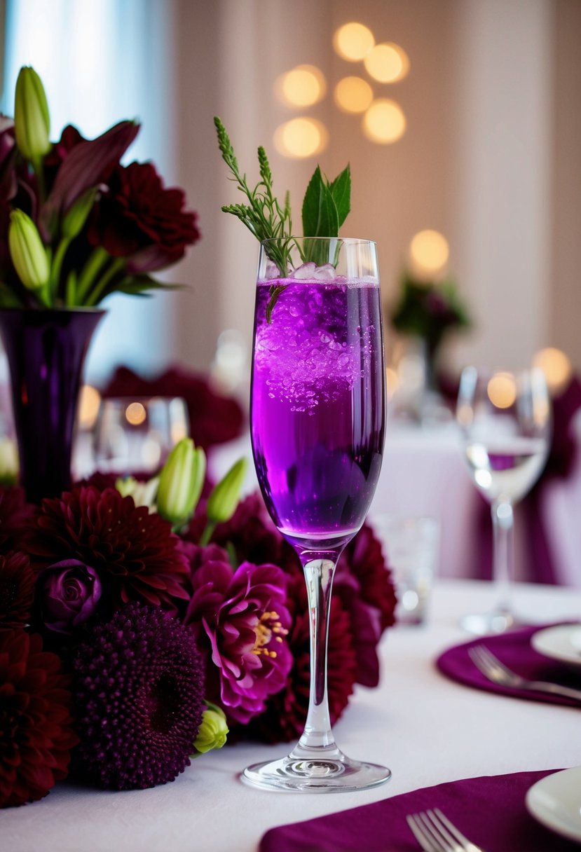 A tall glass of purple gin and tonic sits on a table surrounded by deep burgundy flowers and decor, evoking a luxurious and elegant wedding atmosphere