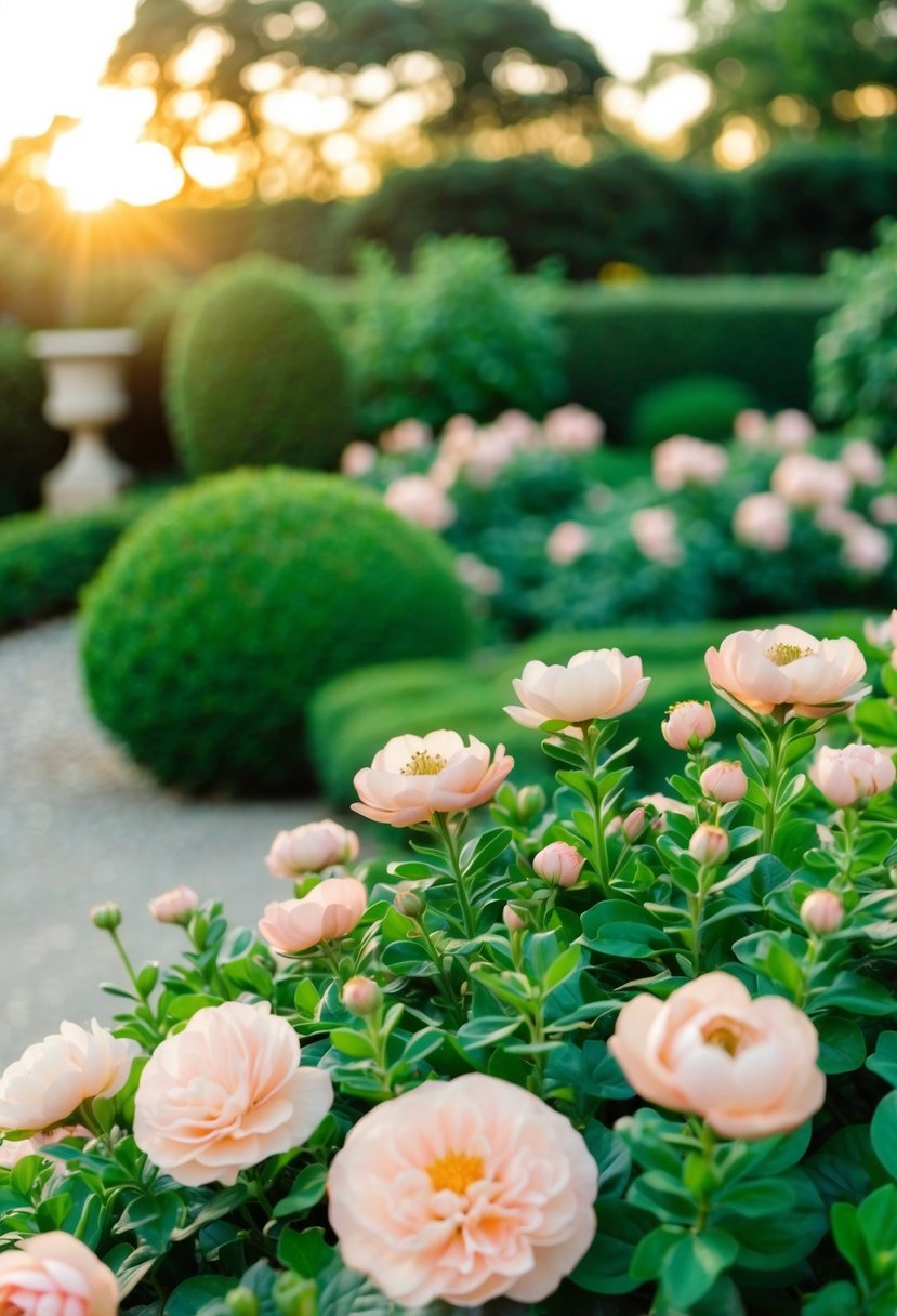 A lush emerald green garden with blush pink flowers and accents, set against a golden sunset