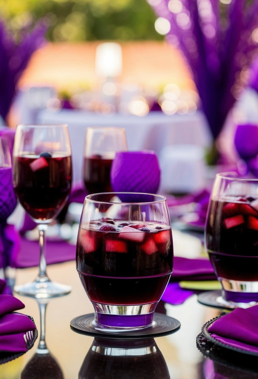 A glass of burgundy sangria sits on a table surrounded by purple and burgundy wedding decor