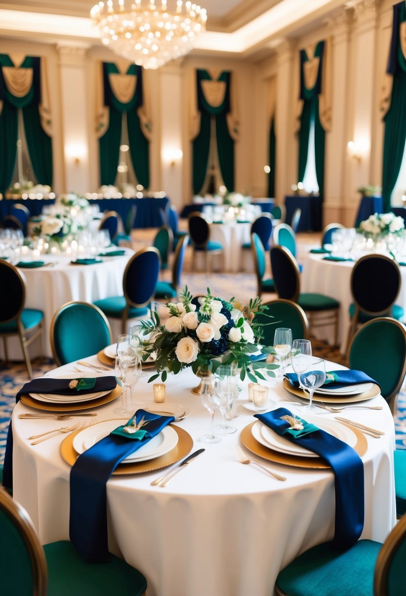 A grand ballroom adorned with emerald and navy accents, featuring elegant table settings and floral arrangements in sophisticated hues