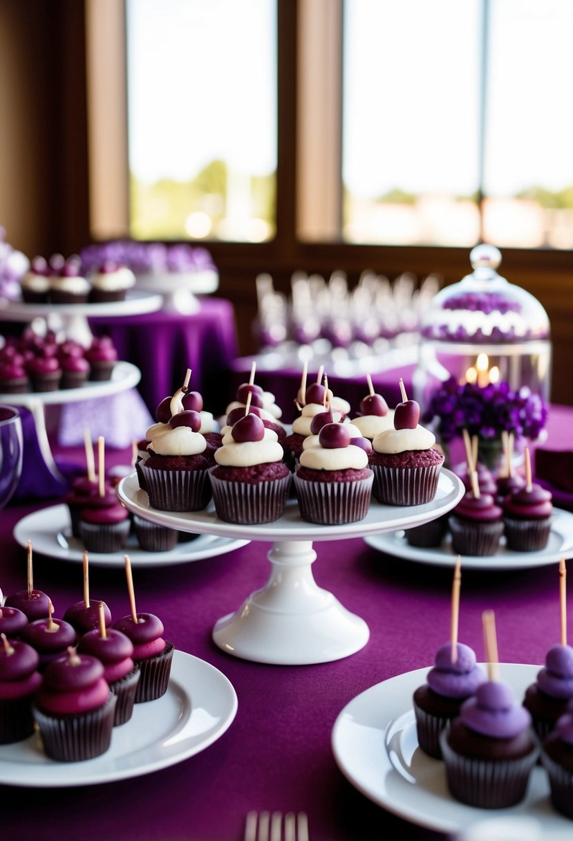 A dessert table adorned with burgundy and purple treats for a wedding