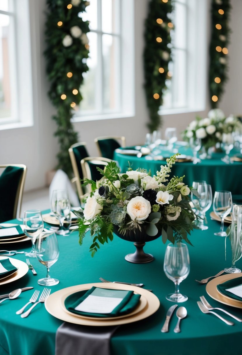 An emerald green and charcoal color palette adorns a modern classic wedding setting, with elegant floral arrangements and sophisticated table decor