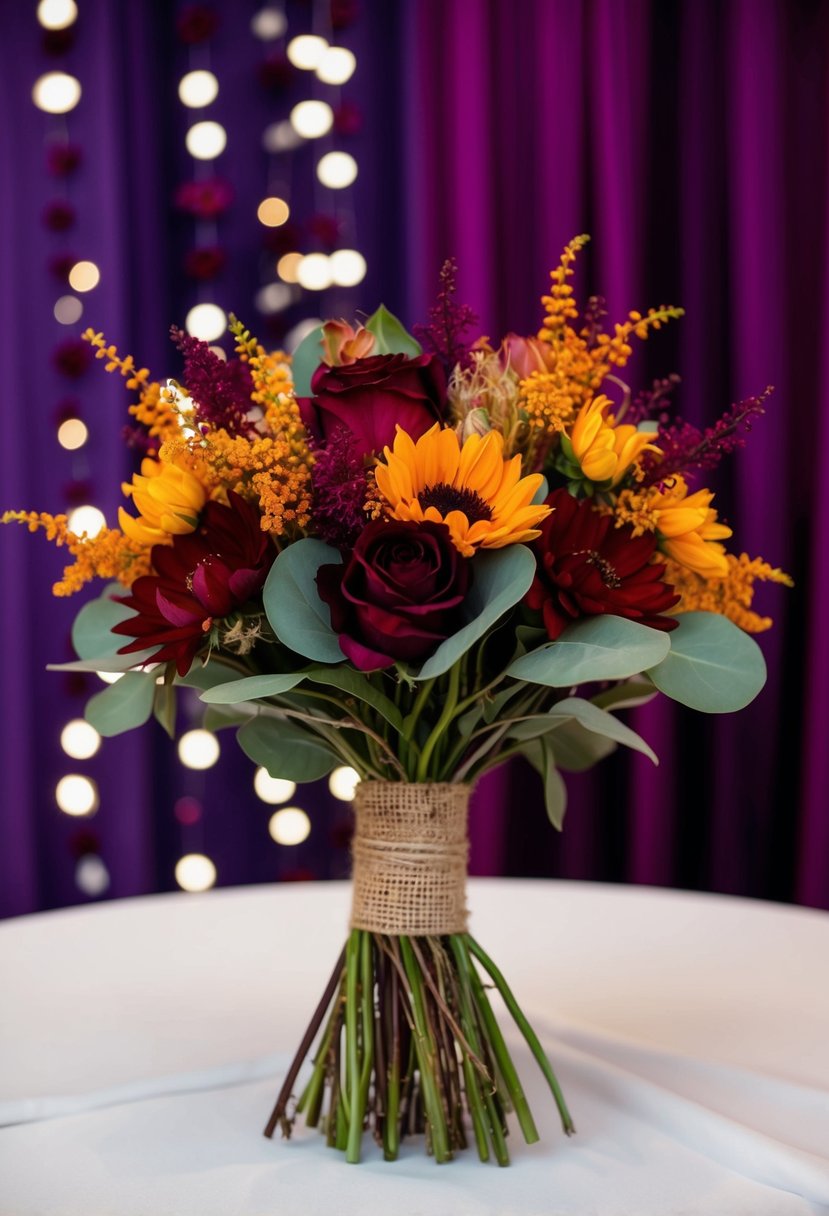 A rustic bouquet of autumn flowers, featuring burgundy accents, set against a backdrop of purple and burgundy wedding decor