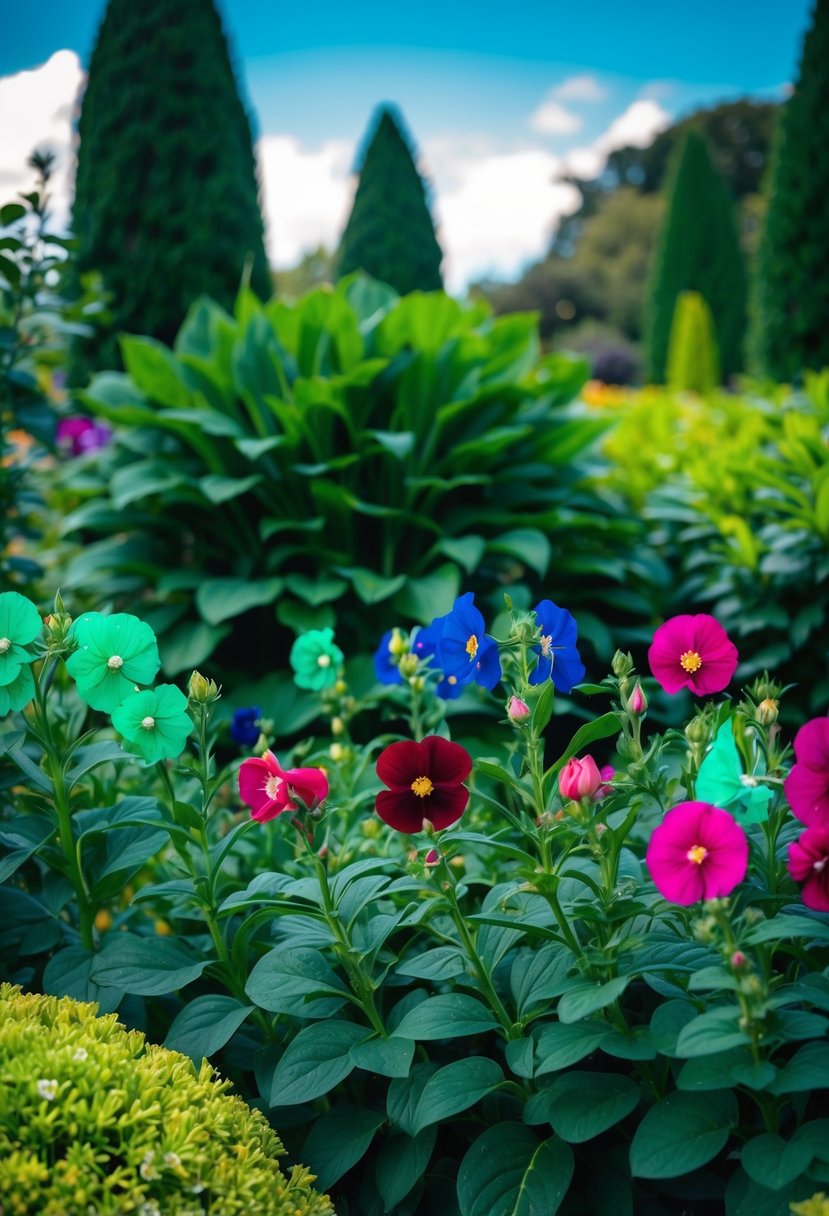 A lush garden with emerald, sapphire, and ruby flowers, surrounded by rich green foliage and a deep blue sky