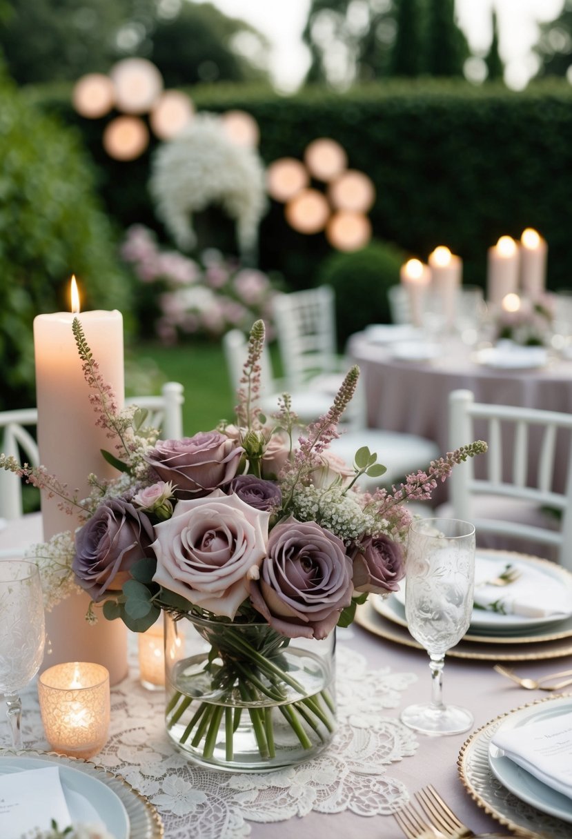 A serene garden wedding with mauve and dusty pink flowers, soft candlelight, and delicate lace decorations