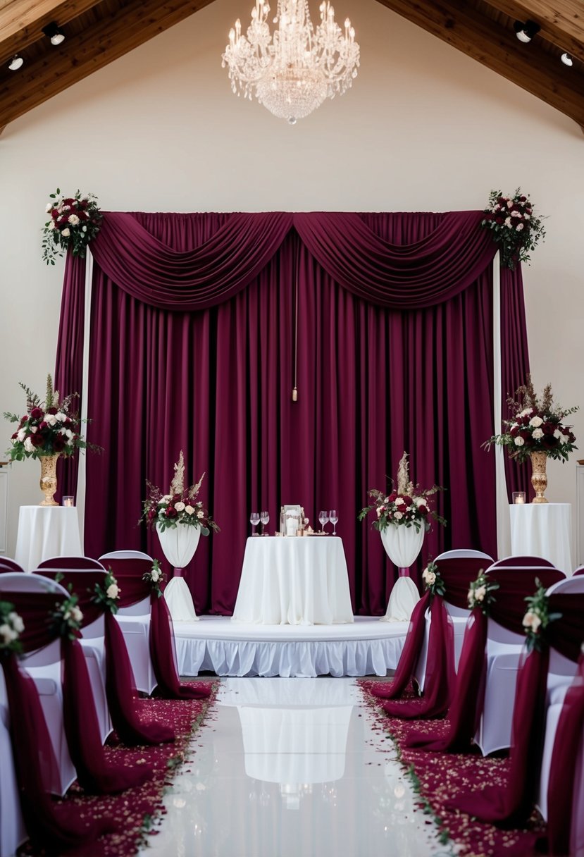 A rich burgundy draped backdrop sets the stage for a regal wedding ceremony, accented with touches of deep purple and luxurious burgundy details