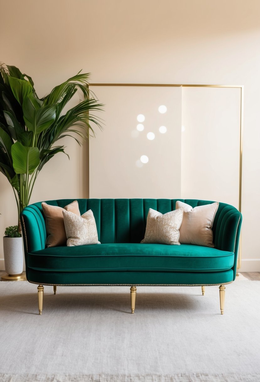 A lush emerald green velvet sofa against a cream backdrop, adorned with gold accents and soft, luxurious throw pillows