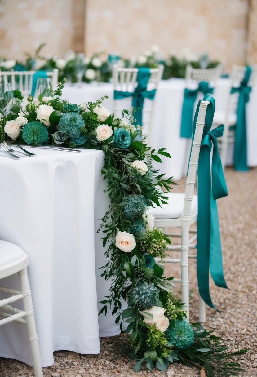 Emerald green and dusty blue floral arrangements cascade down a white tablecloth, with matching ribbons draped over chairs