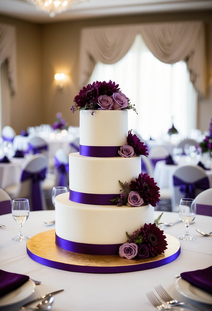 A three-tiered wedding cake with purple and burgundy floral decorations. Tables adorned with matching centerpieces and linens