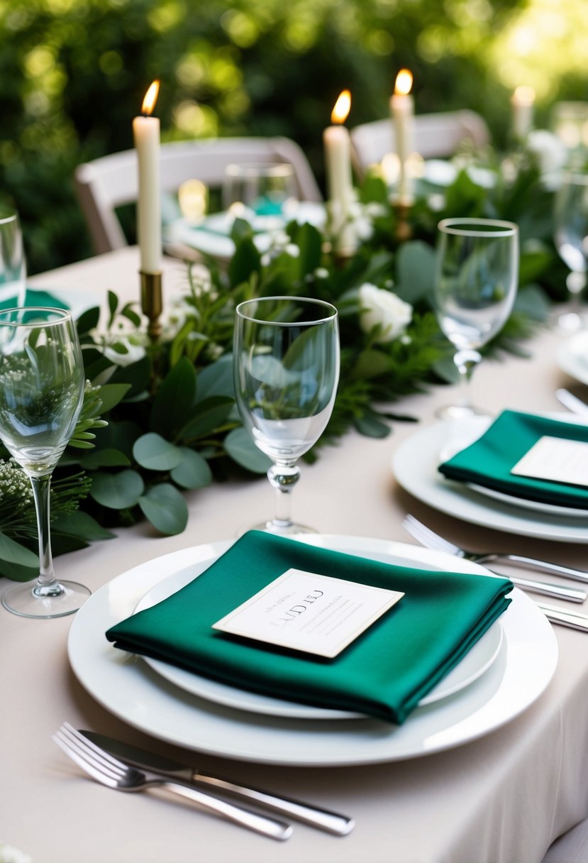 An emerald green and white wedding table setting with simple, modern decor and fresh greenery accents